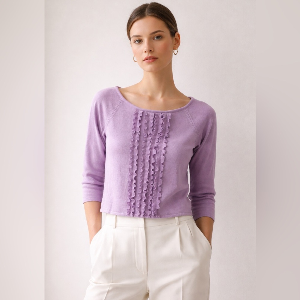 Vintage Escada Lilac Ruffle Front New Wool Knit Top | Size 34